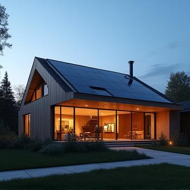 Modern eco-friendly home with solar panels and LED lights glowing at dusk